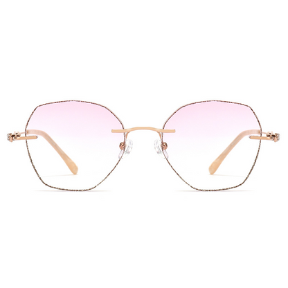 Elevate your style with MieMie Glitter Polygon Rimless Glasses. Featuring durable Metal frames in Champagne Gold with rhinestone embellishment. Our ALL-IN-ONE lenses offer blue light protection, anti-glare, and more at no extra cost. Perfect for fashion-forward Gen Z trendsetters!