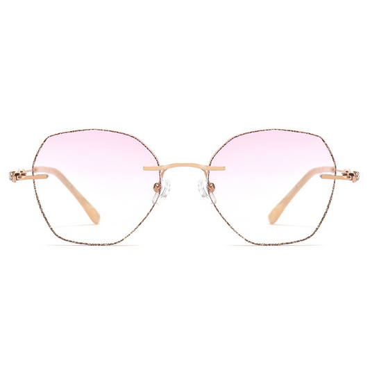 Elevate your style with MieMie Glitter Polygon Rimless Glasses. Featuring durable Metal frames in Champagne Gold with rhinestone embellishment. Our ALL-IN-ONE lenses offer blue light protection, anti-glare, and more at no extra cost. Perfect for fashion-forward Gen Z trendsetters!