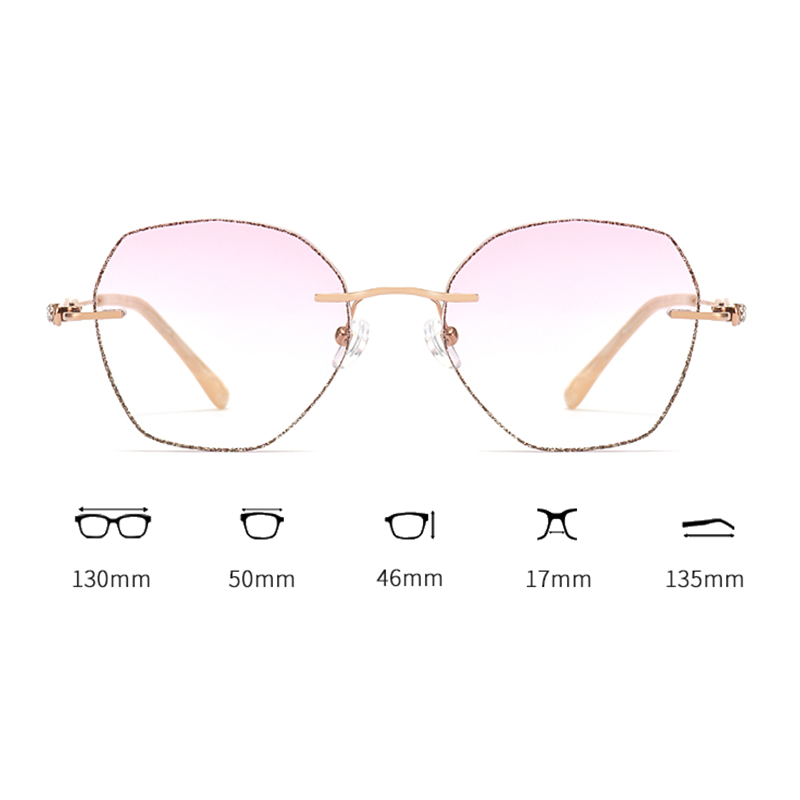 Elevate your style with MieMie Glitter Polygon Rimless Glasses. Featuring durable Metal frames in Champagne Gold with rhinestone embellishment. Our ALL-IN-ONE lenses offer blue light protection, anti-glare, and more at no extra cost. Perfect for fashion-forward Gen Z trendsetters!