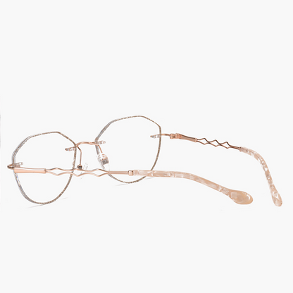 Enhance your look with MieMie Glitter Polygon Rimless Glasses. Lens shape combinate polygon and round shape suitable for more face-shape. Crafted with sturdy metal frames in a chic Champagne Gold. Comes with our ALL-IN-ONE lenses that provide blue light protection, anti-glare features, and more—all at no additional cost. Ideal for trendy Gen Z fashionistas!