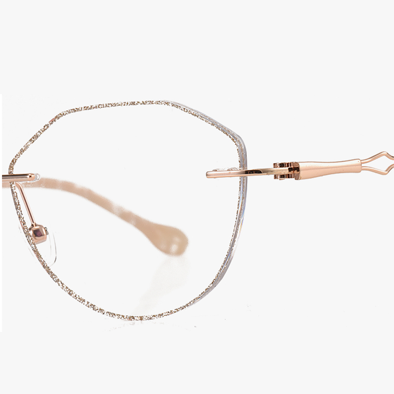 Enhance your look with MieMie Glitter Polygon Rimless Glasses. Lens shape combinate polygon and round shape suitable for more face-shape. Crafted with sturdy metal frames in a chic Champagne Gold. Comes with our ALL-IN-ONE lenses that provide blue light protection, anti-glare features, and more—all at no additional cost. Ideal for trendy Gen Z fashionistas!