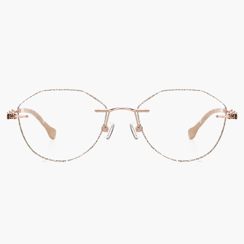 Enhance your look with MieMie Glitter Polygon Rimless Glasses. Lens shape combinate polygon and round shape suitable for more face-shape. Crafted with sturdy metal frames in a chic Champagne Gold. Comes with our ALL-IN-ONE lenses that provide blue light protection, anti-glare features, and more—all at no additional cost. Ideal for trendy Gen Z fashionistas!