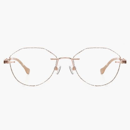 Enhance your look with MieMie Glitter Polygon Rimless Glasses. Lens shape combinate polygon and round shape suitable for more face-shape. Crafted with sturdy metal frames in a chic Champagne Gold. Comes with our ALL-IN-ONE lenses that provide blue light protection, anti-glare features, and more—all at no additional cost. Ideal for trendy Gen Z fashionistas!