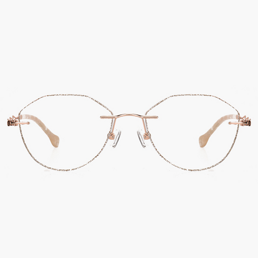 Enhance your look with MieMie Glitter Polygon Rimless Glasses. Lens shape combinate polygon and round shape suitable for more face-shape. Crafted with sturdy metal frames in a chic Champagne Gold. Comes with our ALL-IN-ONE lenses that provide blue light protection, anti-glare features, and more—all at no additional cost. Ideal for trendy Gen Z fashionistas!