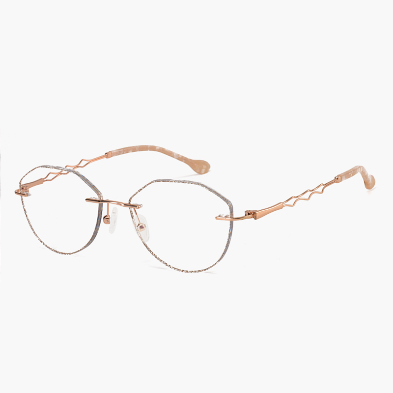 Enhance your look with MieMie Glitter Polygon Rimless Glasses. Lens shape combinate polygon and round shape suitable for more face-shape. Crafted with sturdy metal frames in a chic Champagne Gold. Comes with our ALL-IN-ONE lenses that provide blue light protection, anti-glare features, and more—all at no additional cost. Ideal for trendy Gen Z fashionistas!