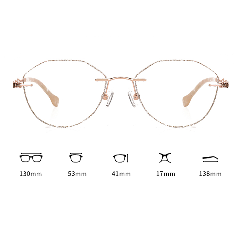 Enhance your look with MieMie Glitter Polygon Rimless Glasses. Lens shape combinate polygon and round shape suitable for more face-shape. Crafted with sturdy metal frames in a chic Champagne Gold. Comes with our ALL-IN-ONE lenses that provide blue light protection, anti-glare features, and more—all at no additional cost. Ideal for trendy Gen Z fashionistas!