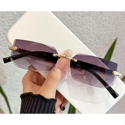 MieMie SSQ007 Rectangle rimless sunglasses feature with polished and sophisticated metal and detail cut lenses. This lightweight frame is functional eyewear without any unnecessary embellishments. For added durability, it comes with impact-resistant polycarbonate lenses. Comes in 6 colors: Purple, Apricot, Black, Brown, Blue, Green