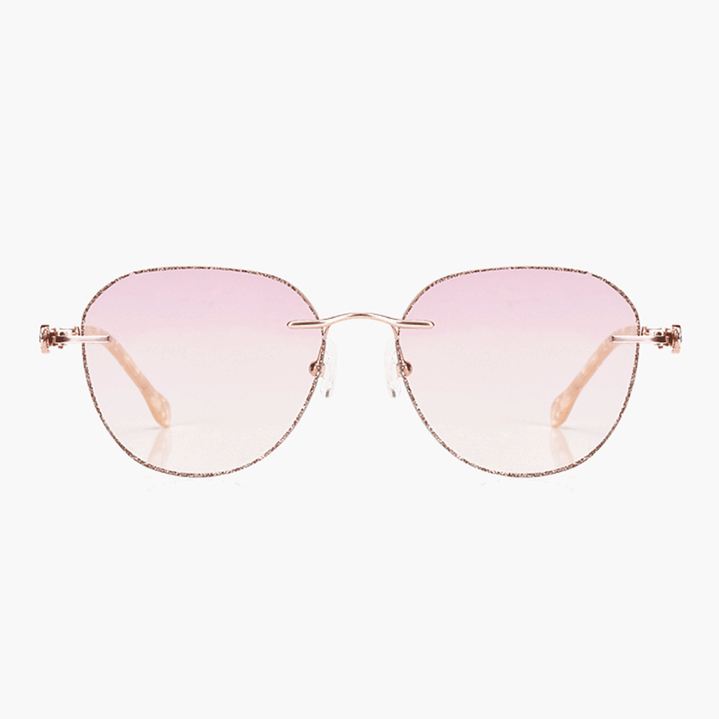 PR016 rimless glitter-powder-studded eyeglasses are crafted from elegant metal, making them incredibly lightweight and comfortable. They feature slender temple arms and gradient light pink tinted lenses, ideal for women during the summer.