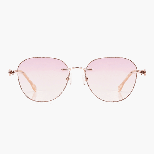 PR016 rimless glitter-powder-studded eyeglasses are crafted from elegant metal, making them incredibly lightweight and comfortable. They feature slender temple arms and gradient light pink tinted lenses, ideal for women during the summer.