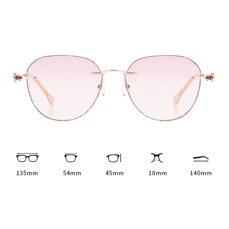 PR016 rimless glitter-powder-studded eyeglasses are crafted from elegant metal, making them incredibly lightweight and comfortable. They feature slender temple arms and gradient light pink tinted lenses, ideal for women during the summer.