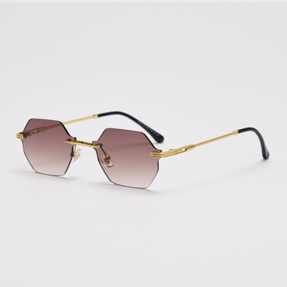 MieMie Polygon Sunglasses SPG001, well-crafted 18k gold metal, a distinctive rim-less design, and a unique geometry style that adds a unique flair to your look. With UV400 protection, they provide excellent defense against harmful rays. Available 9 colors in pink, black, coffee, green, clear, blue, navy, purple, red