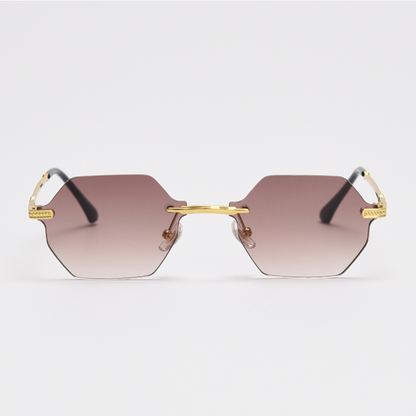 MieMie Polygon Sunglasses SPG001, well-crafted 18k gold metal, a distinctive rim-less design, and a unique geometry style that adds a unique flair to your look. With UV400 protection, they provide excellent defense against harmful rays. Available 9 colors in pink, black, coffee, green, clear, blue, navy, purple, red