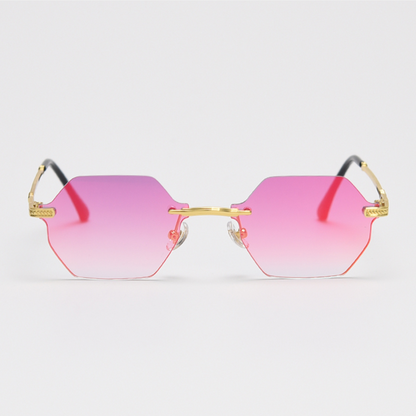 MieMie Polygon Sunglasses SPG001, well-crafted 18k gold metal, a distinctive rim-less design, and a unique geometry style that adds a unique flair to your look. With UV400 protection, they provide excellent defense against harmful rays. Available 9 colors in pink, black, coffee, green, clear, blue, navy, purple, red