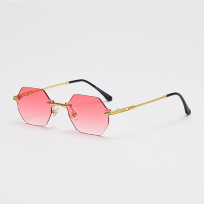 MieMie Polygon Sunglasses SPG001, well-crafted 18k gold metal, a distinctive rim-less design, and a unique geometry style that adds a unique flair to your look. With UV400 protection, they provide excellent defense against harmful rays. Available 9 colors in pink, black, coffee, green, clear, blue, navy, purple, red