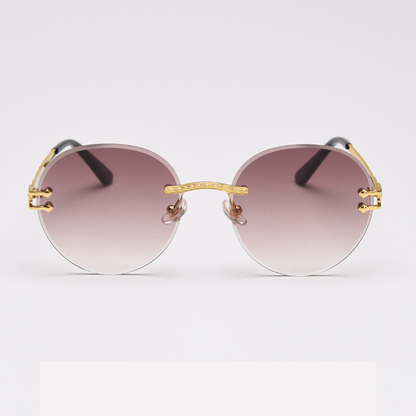 MieMie SR007 sunglasses crafted 18k gold metal temple and a distinctive rimless design, that enhances your look with flair. Equipped with UV400 protection, these sunglasses offer exceptional defense against harmful rays, comes in pink, black, coffee, purple, navy, wine red, clear color