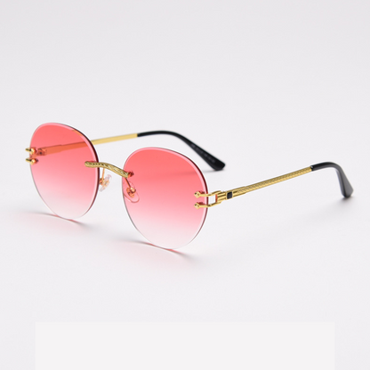 MieMie SR007 sunglasses crafted 18k gold metal temple and a distinctive rimless design, that enhances your look with flair. Equipped with UV400 protection, these sunglasses offer exceptional defense against harmful rays, comes in pink, black, coffee, purple, navy, wine red, clear color