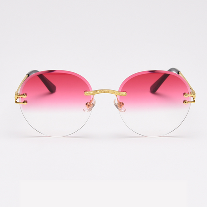 MieMie SR007 sunglasses crafted 18k gold metal temple and a distinctive rimless design, that enhances your look with flair. Equipped with UV400 protection, these sunglasses offer exceptional defense against harmful rays, comes in pink, black, coffee, purple, navy, wine red, clear color