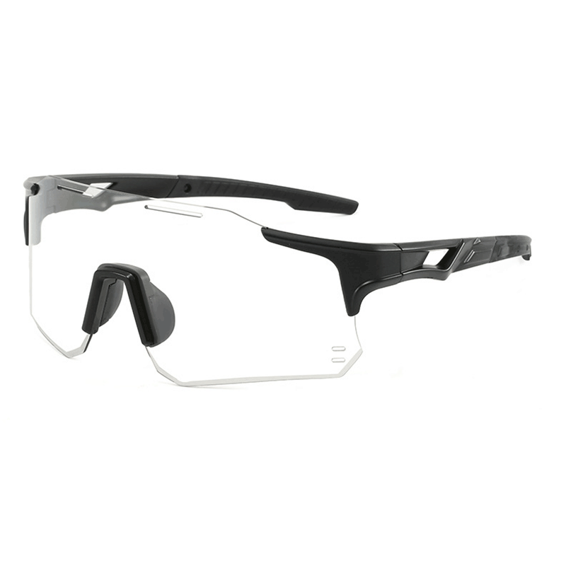 MieMie SP16CL uses the same model as SP16, its rim-less lightweight design, and the anti-slip temple arm ensure stableness during movements. It features durable PC lenses, photochromic & lenses, and UV400 protection coating designed to enhance visibility and reduce glare, suitable for daylight and nighttime.