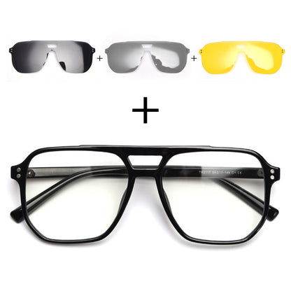 MieMie Polarized Clip-on Aviator Set: choose from tortoise, matte/glossy black, grey, clear frames; with 3 interchangeable lenses - photochromic, gray, night vision yellow，ALL-IN-ONE protection, anti-blue light, polarized, fits over prescription glasses, stylish and functional