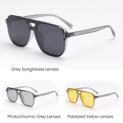 MieMie Polarized Clip-on Aviator Set: choose from tortoise, matte/glossy black, grey, clear frames; with 3 interchangeable lenses - photochromic, gray, night vision yellow，ALL-IN-ONE protection, anti-blue light, polarized, fits over prescription glasses, stylish and functional