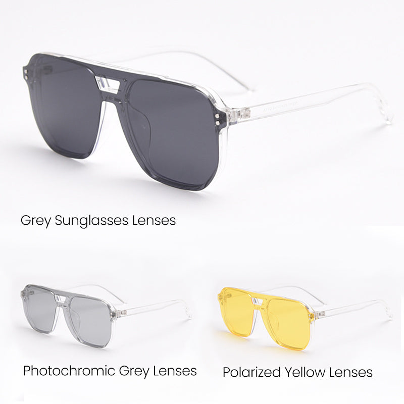 MieMie Polarized Clip-on Aviator Set: choose from tortoise, matte/glossy black, grey, clear frames; with 3 interchangeable lenses - photochromic, gray, night vision yellow，ALL-IN-ONE protection, anti-blue light, polarized, fits over prescription glasses, stylish and functional