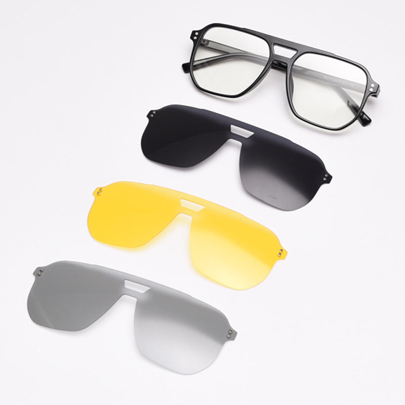 MieMie Polarized Clip-on Aviator Set: choose from tortoise, matte/glossy black, grey, clear frames; with 3 interchangeable lenses - photochromic, gray, night vision yellow，ALL-IN-ONE protection, anti-blue light, polarized, fits over prescription glasses, stylish and functional