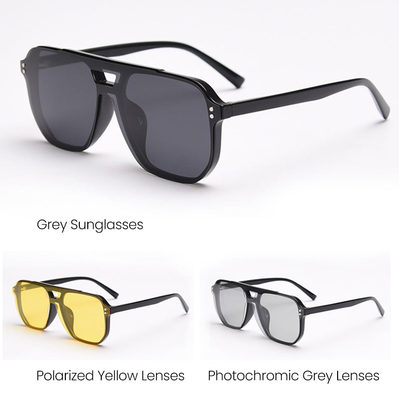 MieMie Polarized Clip-on Aviator Set: choose from tortoise, matte/glossy black, grey, clear frames; with 3 interchangeable lenses - photochromic, gray, night vision yellow，ALL-IN-ONE protection, anti-blue light, polarized, fits over prescription glasses, stylish and functional