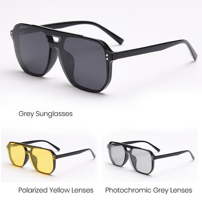 MieMie Polarized Clip-on Aviator Set: choose from tortoise, matte/glossy black, grey, clear frames; with 3 interchangeable lenses - photochromic, gray, night vision yellow，ALL-IN-ONE protection, anti-blue light, polarized, fits over prescription glasses, stylish and functional