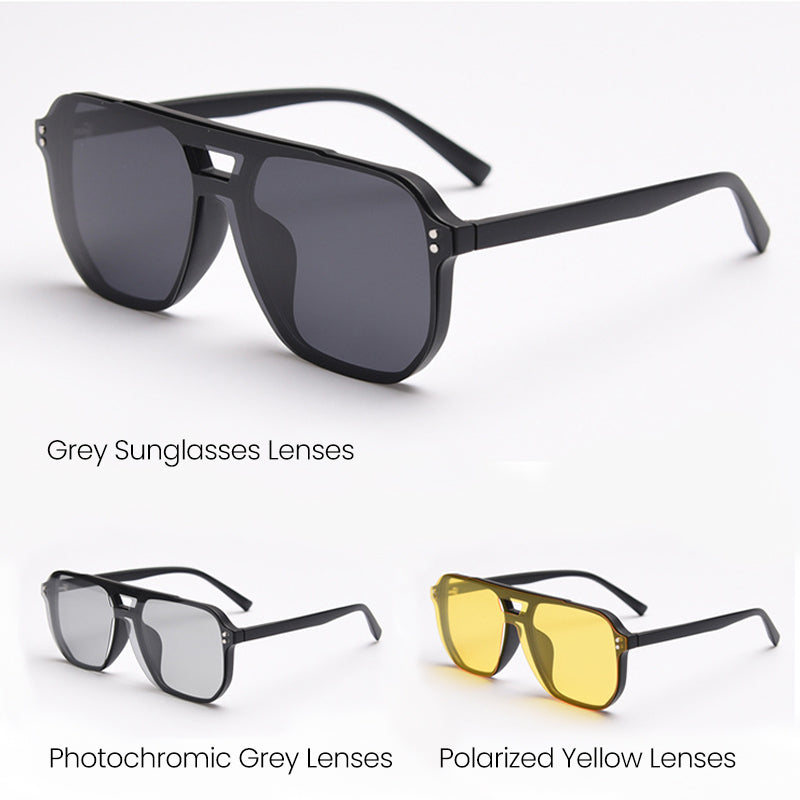 MieMie Polarized Clip-on Aviator Set: choose from tortoise, matte/glossy black, grey, clear frames; with 3 interchangeable lenses - photochromic, gray, night vision yellow，ALL-IN-ONE protection, anti-blue light, polarized, fits over prescription glasses, stylish and functional