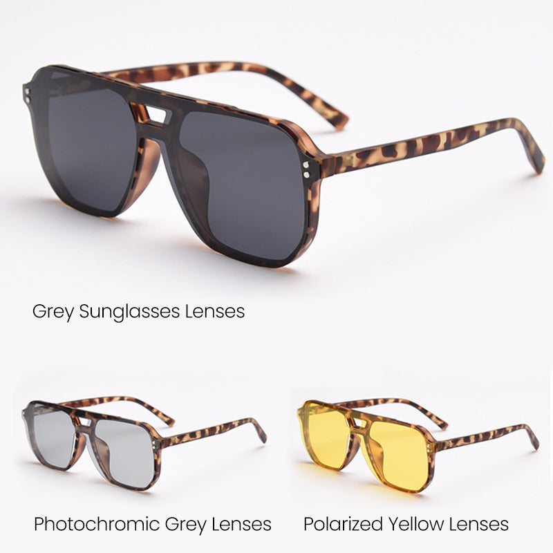 MieMie Polarized Clip-on Aviator Set: choose from tortoise, matte/glossy black, grey, clear frames; with 3 interchangeable lenses - photochromic, gray, night vision yellow，ALL-IN-ONE protection, anti-blue light, polarized, fits over prescription glasses, stylish and functional