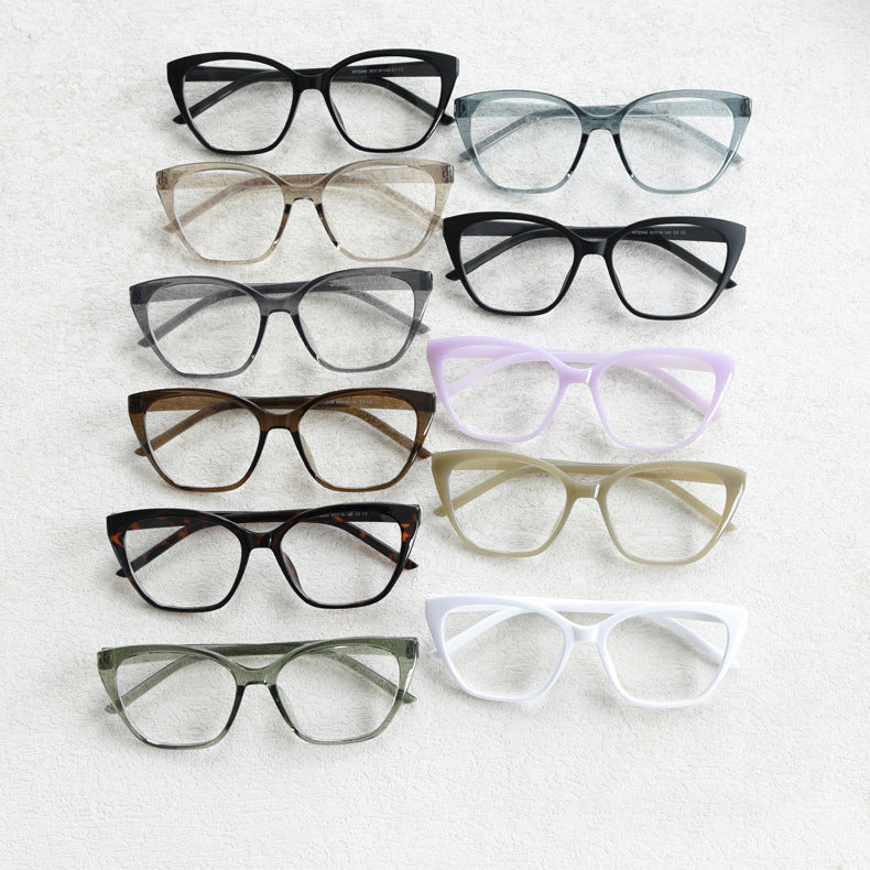 MieMie trendy cat-eye glasses in various colors including brown, coffee, green, pink, blue, grey, tortoise, matte and glossy black, white, and oat milk, all with TR90 frames for stylish everyday wear. Equipped with ALL-IN-ONE lenses featuring Anti-blue, Anti-allergic, scratch-resistant, anti-glare, and oil-resistant coatings.