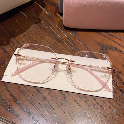 MieMie Shinning Pink Pearl-Embellished polygon glasses. Featuring durable Titanium frames in vibrant pink color. Our ALL-IN-ONE lenses offer blue light protection, anti-glare, and more at no extra cost. Perfect for fashion-forward Gen Z trendsetters!