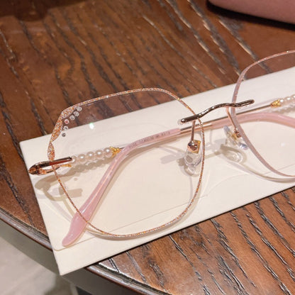 MieMie Shinning Pink Pearl-Embellished polygon glasses. Featuring durable Titanium frames in vibrant pink color. Our ALL-IN-ONE lenses offer blue light protection, anti-glare, and more at no extra cost. Perfect for fashion-forward Gen Z trendsetters!