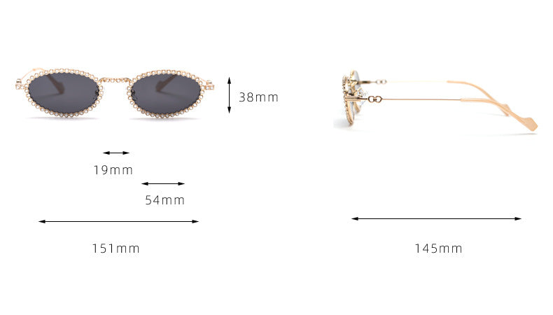 MieMie SR006 Round Oval Stylish Sunglasses, made from metal with a distinctive diamond rhinestone design. Equipped with polarized UV400 protection, these sunglasses offer exceptional defense against harmful rays, available in gold and silver color.