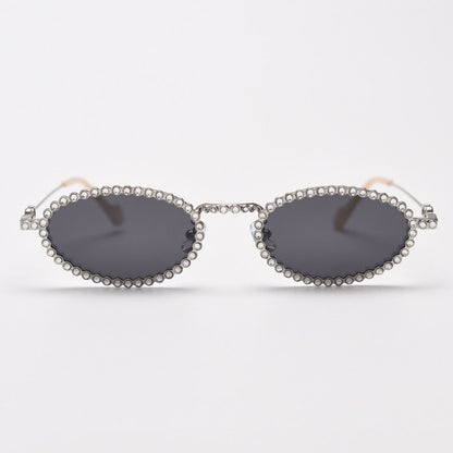 MieMie SR006 Round Oval Stylish Sunglasses, made from metal with a distinctive diamond rhinestone design. Equipped with polarized UV400 protection, these sunglasses offer exceptional defense against harmful rays, available in gold and silver color.