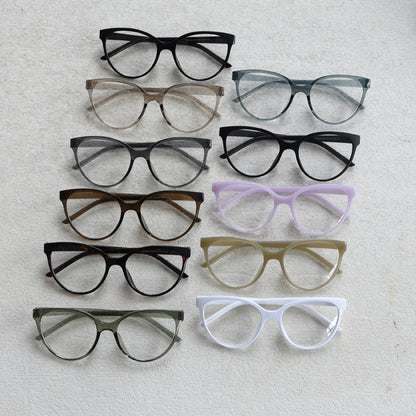 MieMie trendy cat-eye glasses in various colors including brown, coffee, green, pink, blue, grey, tortoise, matte and glossy black, white, and oat milk, all with TR90 frames for stylish everyday wear. Equipped with ALL-IN-ONE lenses featuring Anti-blue, Anti-allergic, scratch-resistant, anti-glare, and oil-resistant coatings.