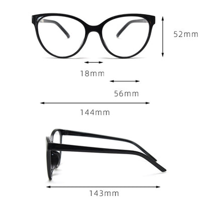 MieMie trendy cat-eye glasses in various colors including brown, coffee, green, pink, blue, grey, tortoise, matte and glossy black, white, and oat milk, all with TR90 frames for stylish everyday wear. Equipped with ALL-IN-ONE lenses featuring Anti-blue, Anti-allergic, scratch-resistant, anti-glare, and oil-resistant coatings.