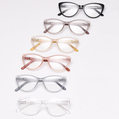 MieMie vintage-inspired cat-eye glasses with thick matte frames and spring hinges, featuring ALL-IN-ONE lenses that include Anti-blue, Anti-allergic, Anti-scratch, Anti-glare, and Oil-resistant coatings. Available in matte black, yellow, red, clear, iced tea, and grey, suitable for prescription or fashion wear.