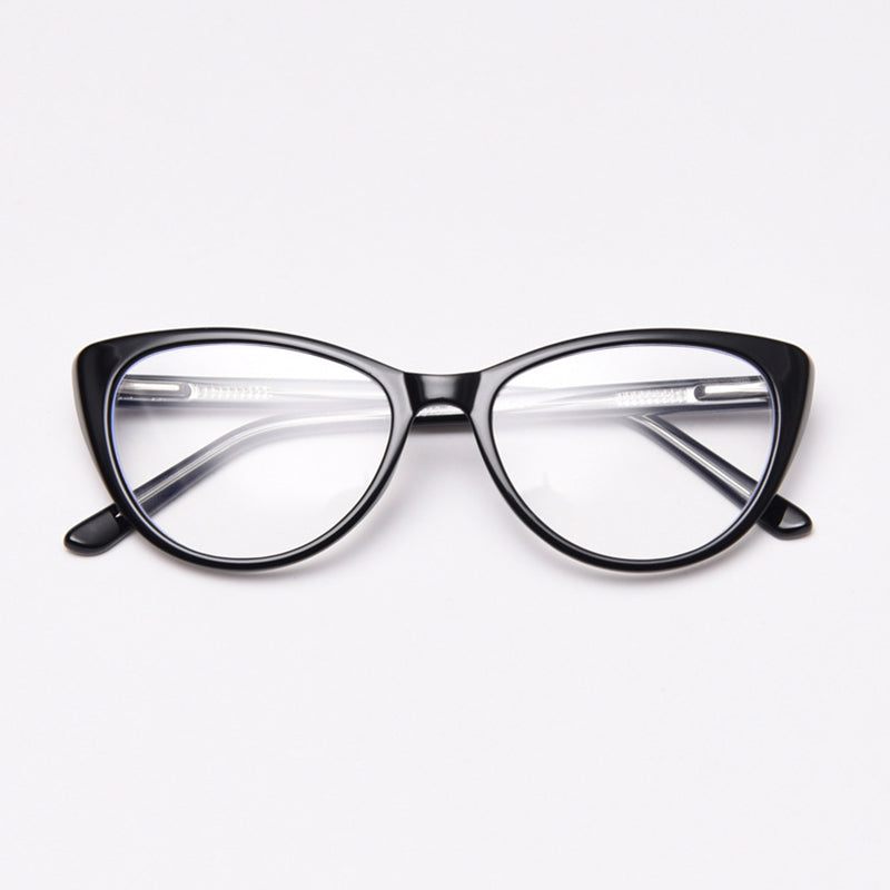 MieMie vintage-inspired cat-eye glasses with thick matte frames and spring hinges, featuring ALL-IN-ONE lenses that include Anti-blue, Anti-allergic, Anti-scratch, Anti-glare, and Oil-resistant coatings. Available in matte black, yellow, red, clear, iced tea, and grey, suitable for prescription or fashion wear.