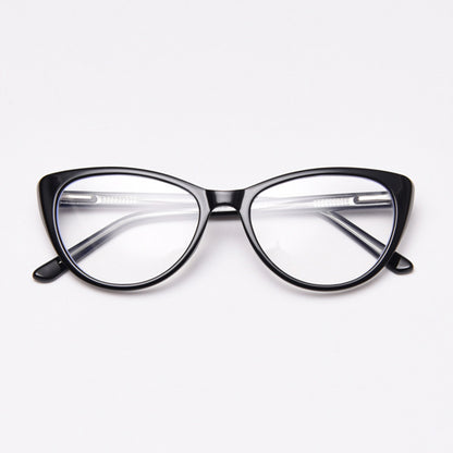 MieMie vintage-inspired cat-eye glasses with thick matte frames and spring hinges, featuring ALL-IN-ONE lenses that include Anti-blue, Anti-allergic, Anti-scratch, Anti-glare, and Oil-resistant coatings. Available in matte black, yellow, red, clear, iced tea, and grey, suitable for prescription or fashion wear.