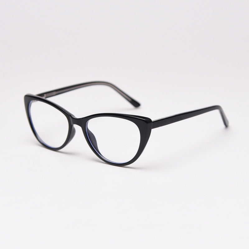 MieMie vintage-inspired cat-eye glasses with thick matte frames and spring hinges, featuring ALL-IN-ONE lenses that include Anti-blue, Anti-allergic, Anti-scratch, Anti-glare, and Oil-resistant coatings. Available in matte black, yellow, red, clear, iced tea, and grey, suitable for prescription or fashion wear.