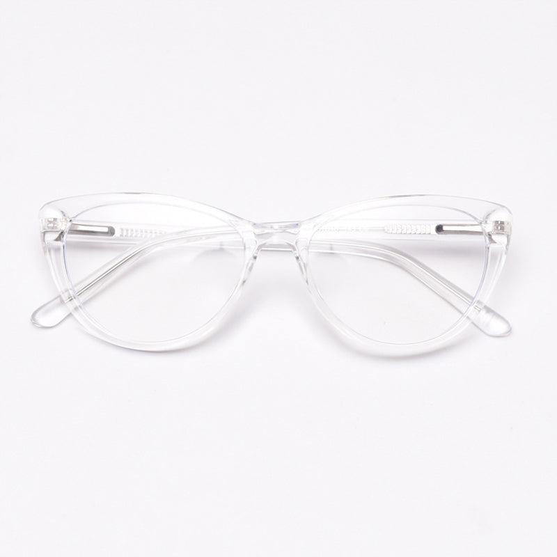 MieMie vintage-inspired cat-eye glasses with thick matte frames and spring hinges, featuring ALL-IN-ONE lenses that include Anti-blue, Anti-allergic, Anti-scratch, Anti-glare, and Oil-resistant coatings. Available in matte black, yellow, red, clear, iced tea, and grey, suitable for prescription or fashion wear.