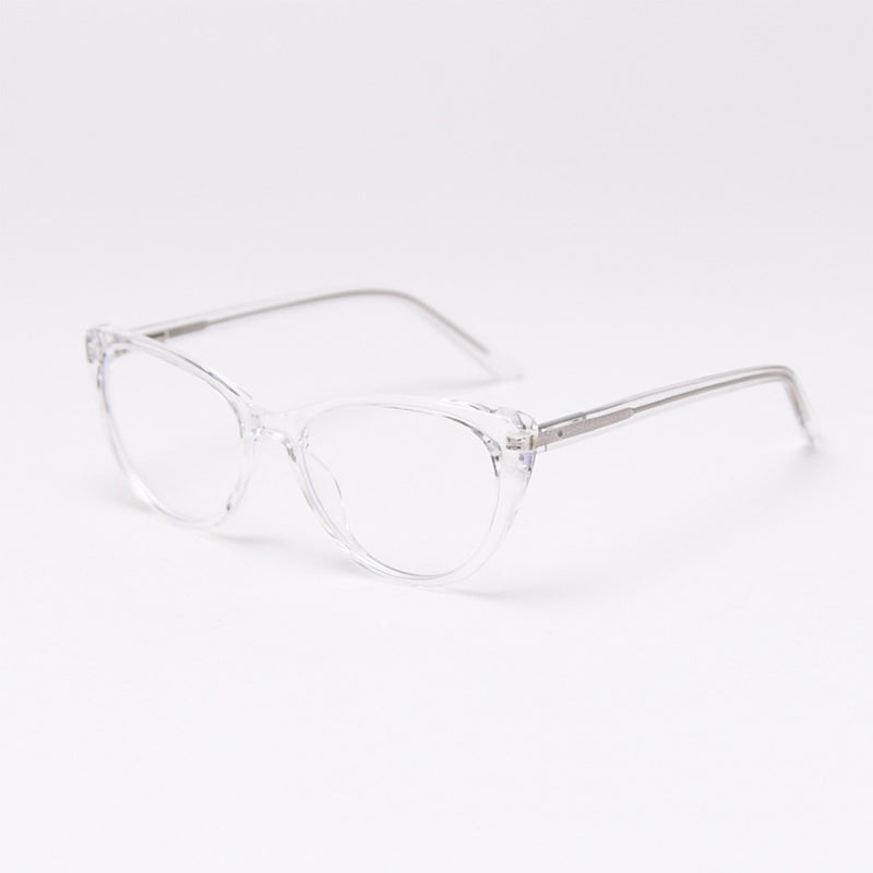 MieMie vintage-inspired cat-eye glasses with thick matte frames and spring hinges, featuring ALL-IN-ONE lenses that include Anti-blue, Anti-allergic, Anti-scratch, Anti-glare, and Oil-resistant coatings. Available in matte black, yellow, red, clear, iced tea, and grey, suitable for prescription or fashion wear.