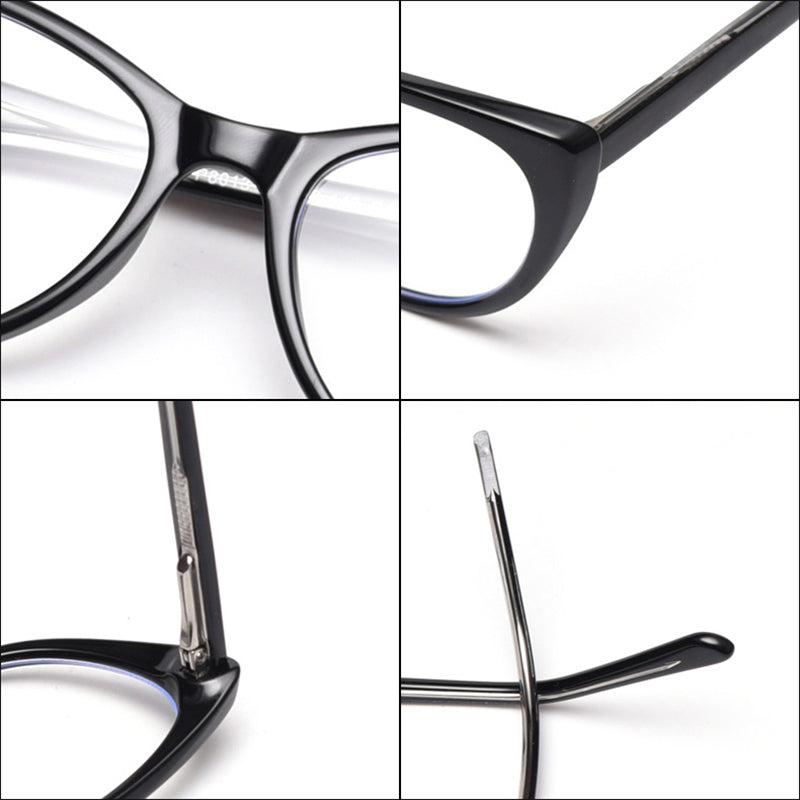 MieMie vintage-inspired cat-eye glasses with thick matte frames and spring hinges, featuring ALL-IN-ONE lenses that include Anti-blue, Anti-allergic, Anti-scratch, Anti-glare, and Oil-resistant coatings. Available in matte black, yellow, red, clear, iced tea, and grey, suitable for prescription or fashion wear.