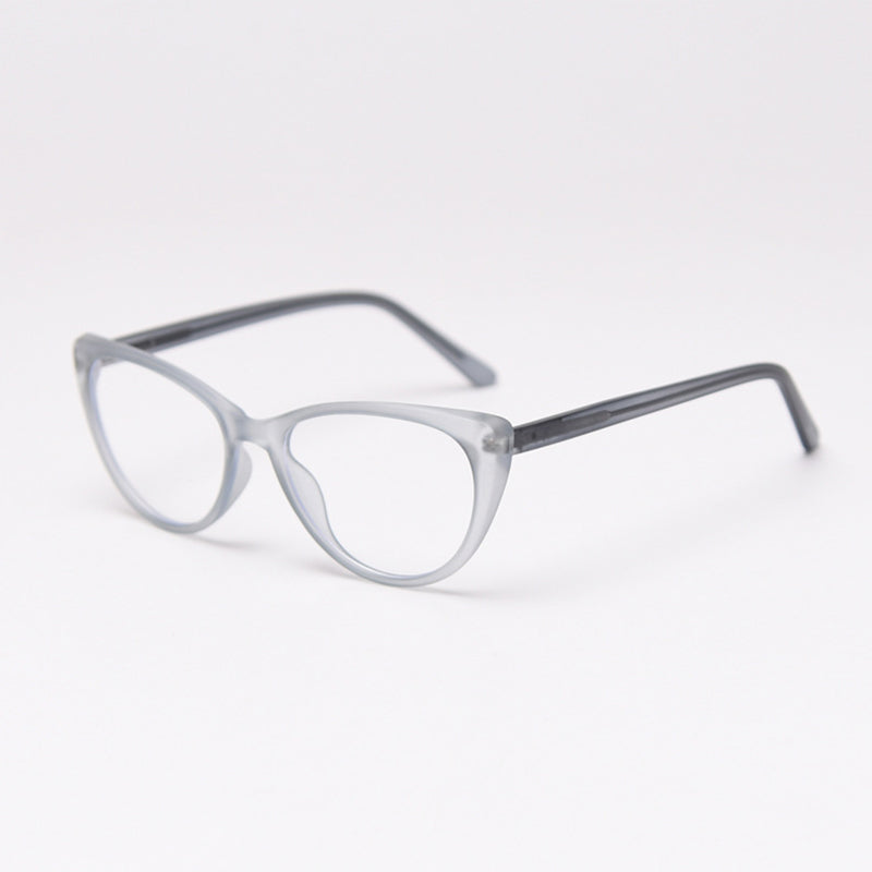 MieMie vintage-inspired cat-eye glasses with thick matte frames and spring hinges, featuring ALL-IN-ONE lenses that include Anti-blue, Anti-allergic, Anti-scratch, Anti-glare, and Oil-resistant coatings. Available in matte black, yellow, red, clear, iced tea, and grey, suitable for prescription or fashion wear.