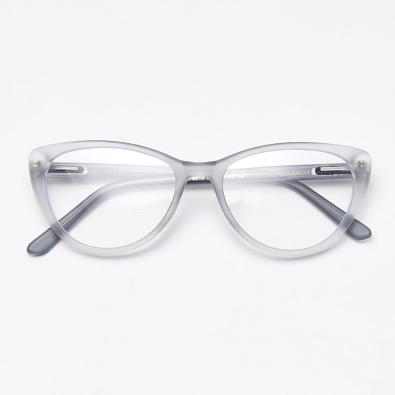 MieMie vintage-inspired cat-eye glasses with thick matte frames and spring hinges, featuring ALL-IN-ONE lenses that include Anti-blue, Anti-allergic, Anti-scratch, Anti-glare, and Oil-resistant coatings. Available in matte black, yellow, red, clear, iced tea, and grey, suitable for prescription or fashion wear.