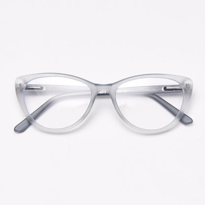 MieMie vintage-inspired cat-eye glasses with thick matte frames and spring hinges, featuring ALL-IN-ONE lenses that include Anti-blue, Anti-allergic, Anti-scratch, Anti-glare, and Oil-resistant coatings. Available in matte black, yellow, red, clear, iced tea, and grey, suitable for prescription or fashion wear.