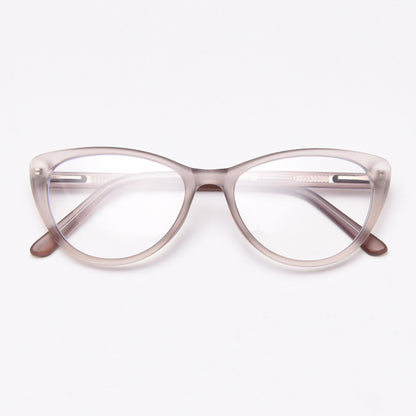 MieMie vintage-inspired cat-eye glasses with thick matte frames and spring hinges, featuring ALL-IN-ONE lenses that include Anti-blue, Anti-allergic, Anti-scratch, Anti-glare, and Oil-resistant coatings. Available in matte black, yellow, red, clear, iced tea, and grey, suitable for prescription or fashion wear.