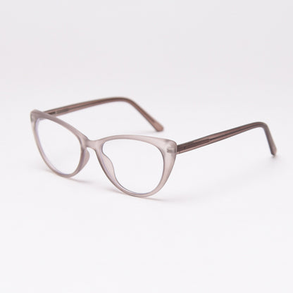 MieMie vintage-inspired cat-eye glasses with thick matte frames and spring hinges, featuring ALL-IN-ONE lenses that include Anti-blue, Anti-allergic, Anti-scratch, Anti-glare, and Oil-resistant coatings. Available in matte black, yellow, red, clear, iced tea, and grey, suitable for prescription or fashion wear.