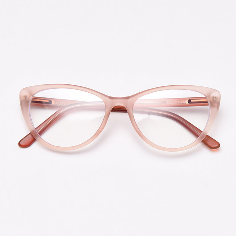 MieMie vintage-inspired cat-eye glasses with thick matte frames and spring hinges, featuring ALL-IN-ONE lenses that include Anti-blue, Anti-allergic, Anti-scratch, Anti-glare, and Oil-resistant coatings. Available in matte black, yellow, red, clear, iced tea, and grey, suitable for prescription or fashion wear.